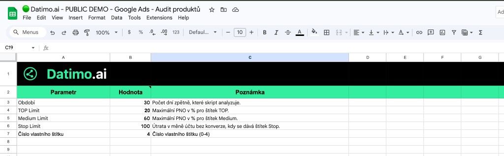 Google Sheets, list Konfigurace s parametry auditu (období, PNO limity, Stop limit, číslo štítku)