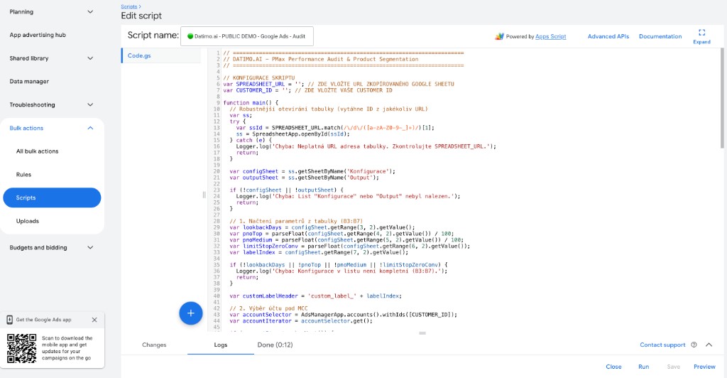 Google Ads Scripts, editor s kódem auditu